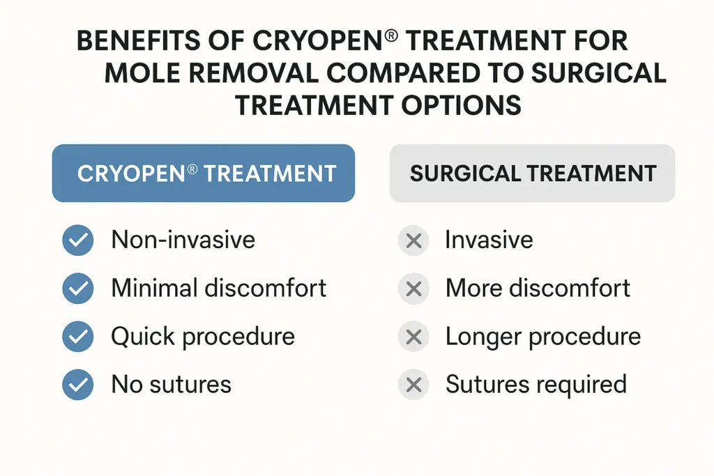 Table to show the benefits of getting moles removed Dover from LA LIPO