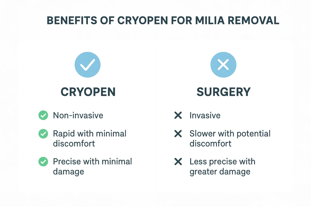 Benefits of cryopen for milia removal Dover compared to surgical treatments.