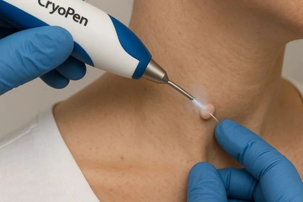 Person receiving cryotherapy Dover for skin tag removal