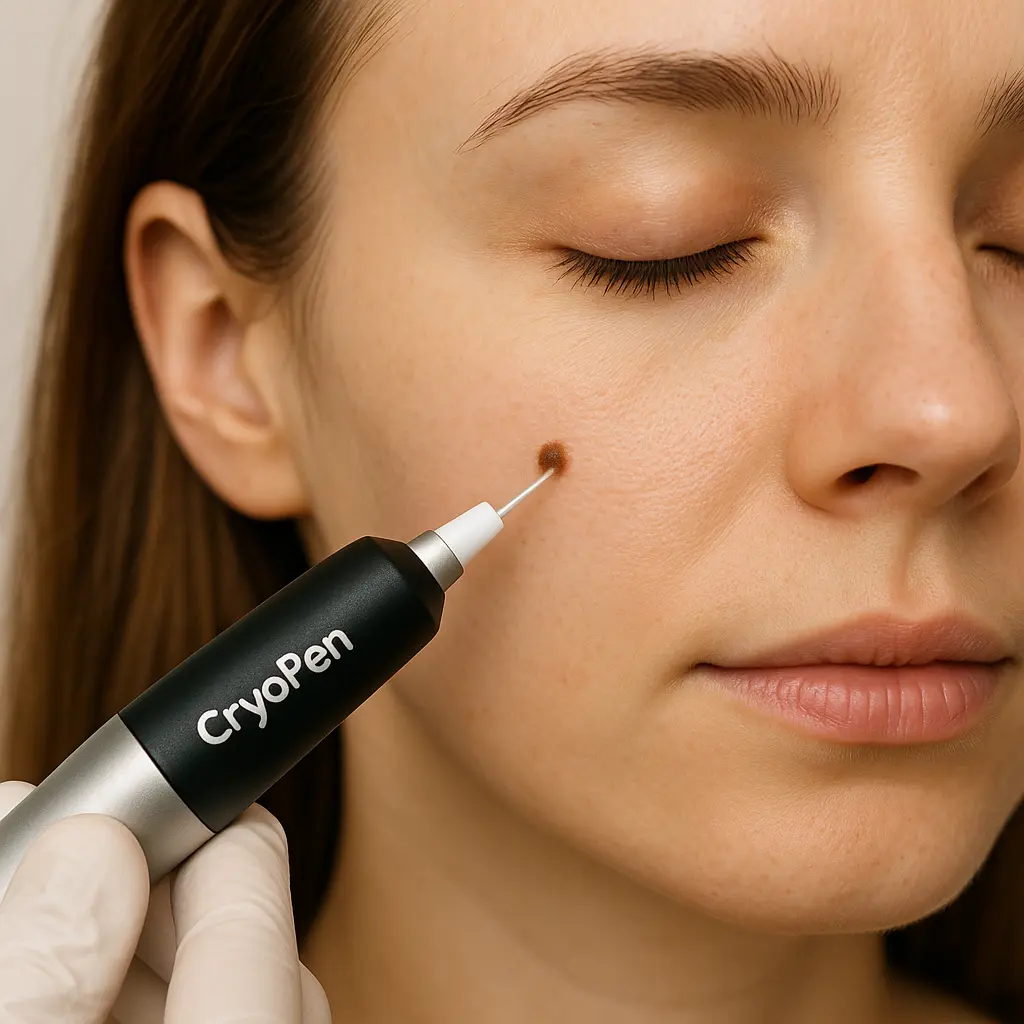 woman receiving facial mole removal Dover using cryopen