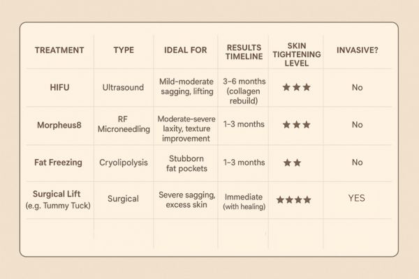 Table showing the comparisons of Skin tightening Dover treatment options.